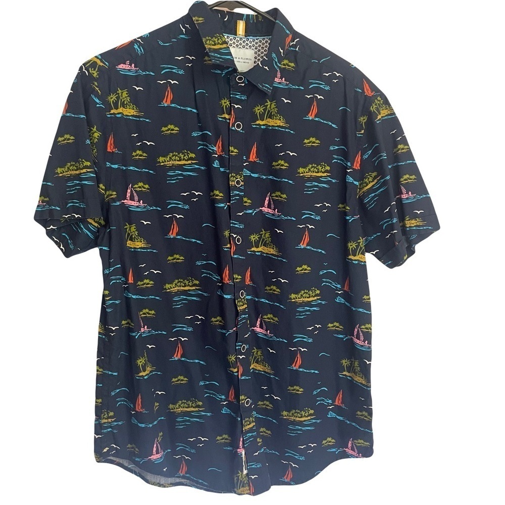 Denim & Flower short sleeve w/cuff Nautical Print Men's Shirt - Navy size large